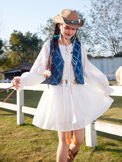 Bohemian White Long-sleeved Ruffles Mini Dress with Blue Suede Embroidered Vest Boho Suit