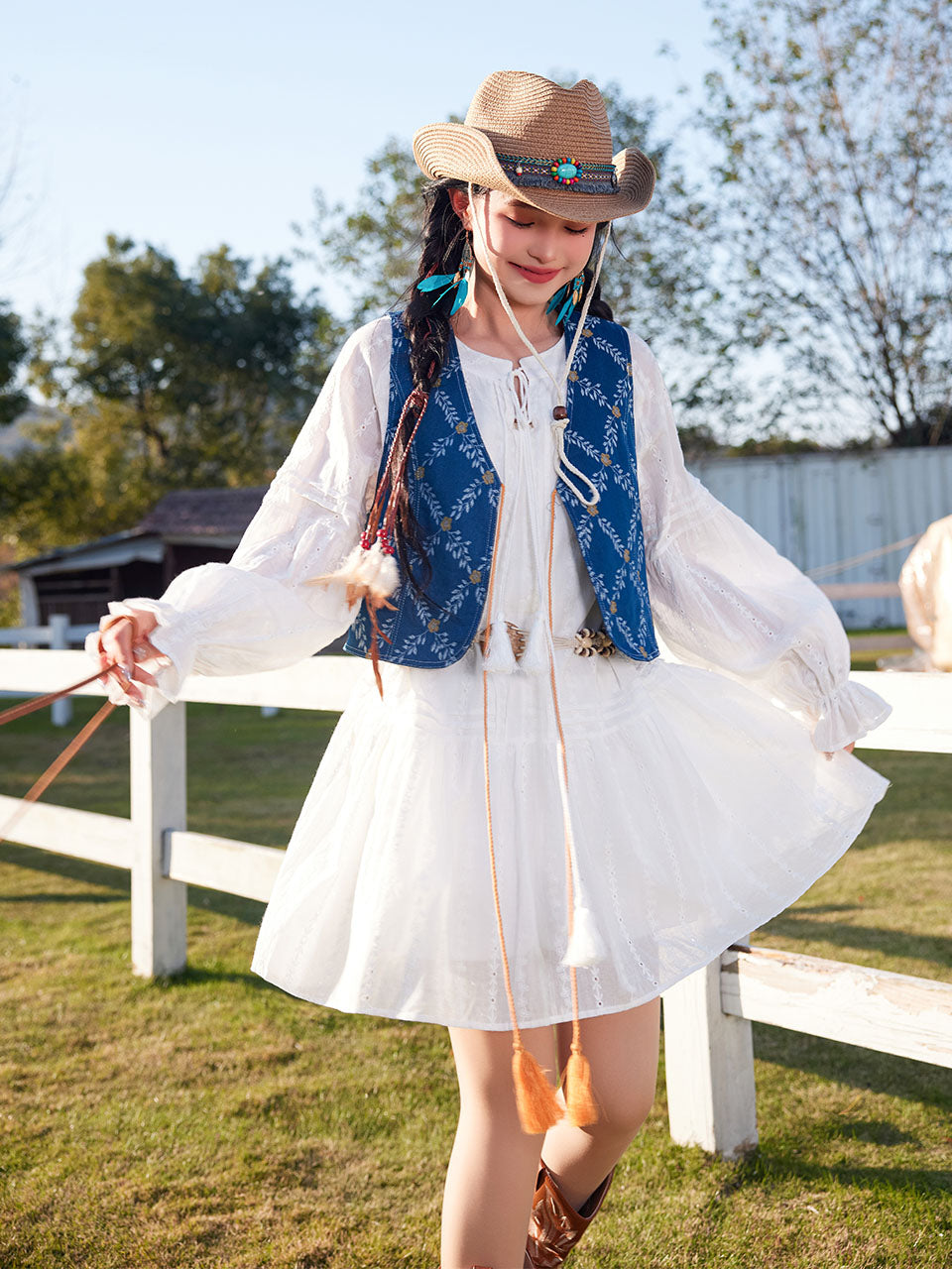 Bohemian White Long-sleeved Ruffles Mini Dress with Blue Suede Embroidered Vest Boho Suit