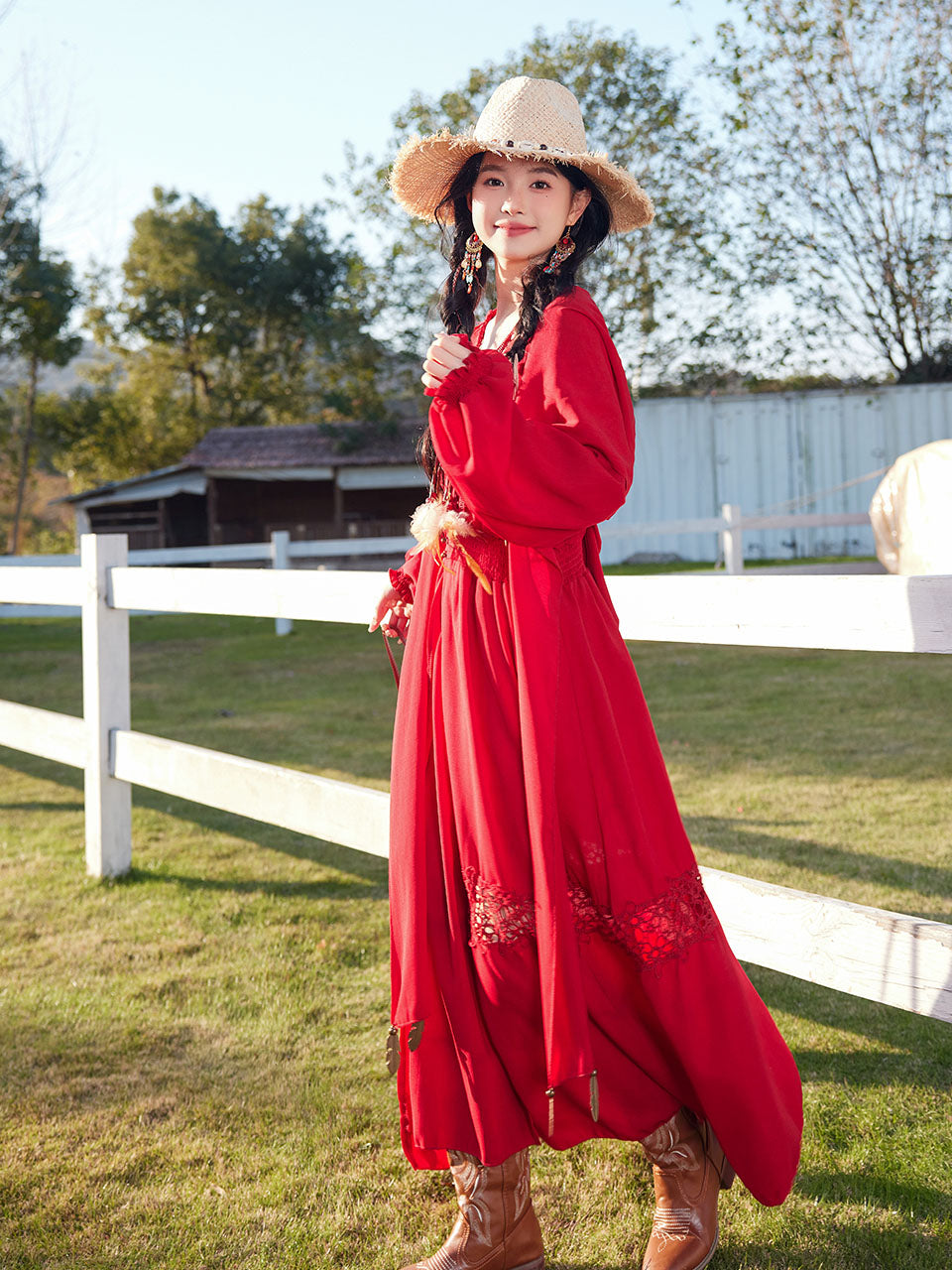Red Bohemian V Neck Ruffled Lace High Waist Boho Maxi Dress Coachella Dress Red / L Red Bohemian V Neck Ruffled Lace High Waist Boho Maxi Dress Coachella Dress Red / L