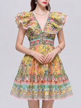 Load image into Gallery viewer, Women’s Boho Yellow Floral Printed Chiffon V-Neck Ruffled Summer Beach Mini Dress