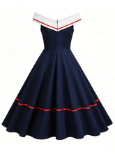 Load image into Gallery viewer, 1950s Vintage Navy Sailor Off-the-Shoulder Swing Dress