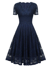 Load image into Gallery viewer, Solid Color Lace Short Sleeve V Neck 50s Party Swing Dress