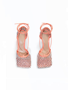 10CM High Heel Square Toe Rhinestones Twine Sandals