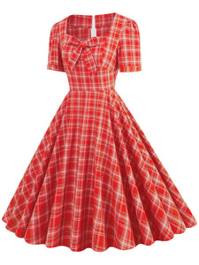 Green Square Bow Collar Plaid Short Sleeve 1950S Cotton Dress