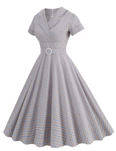 Sweat V Neck Plaid 1950S Vintage Swing Dress