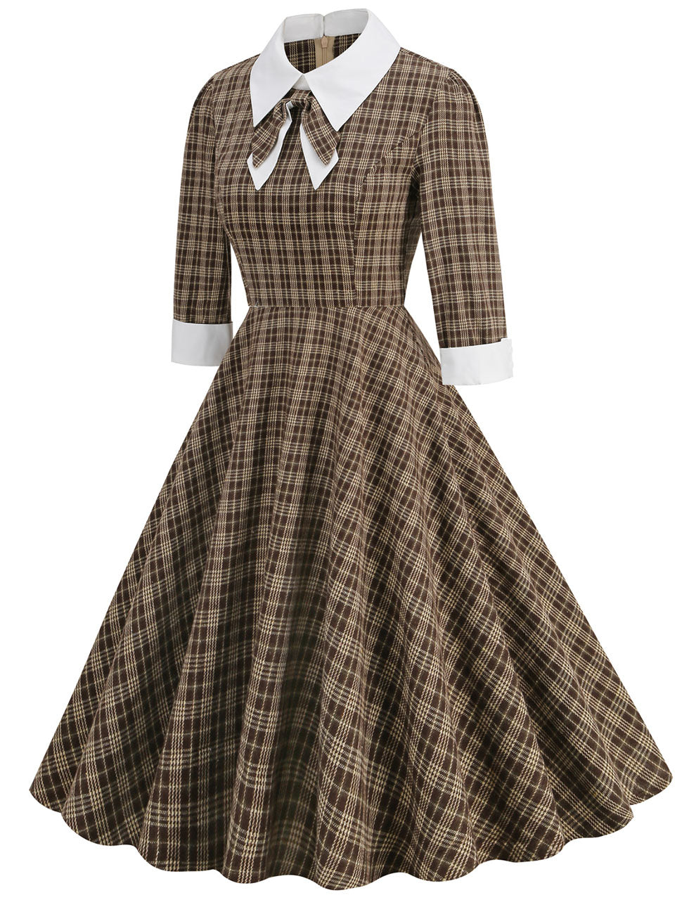 Big BowKnot Brown Plaid 3/4 Sleeve 1950S Vintage Dress Inspired By Mrs. Maisel, Brown / M Big BowKnot Brown Plaid 3/4 Sleeve 1950S Vintage Dress Inspired By Mrs. Maisel, Brown / M