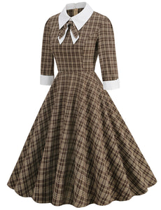Big BowKnot Brown Plaid 3/4 Sleeve 1950S Vintage Dress Inspired By Mrs. Maisel
