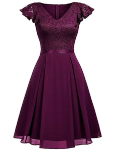 Autumn Lace Cap Sleeve V Neck 50s Party Dress