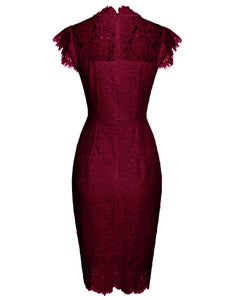 Solid Color Lace High Collar 1960S Bodycon Dress