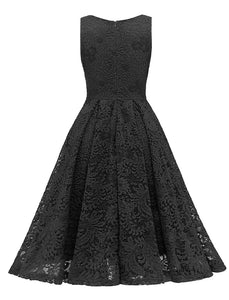 Solid Color Lace Sleeveless V Neck 50s Party Swing Dress