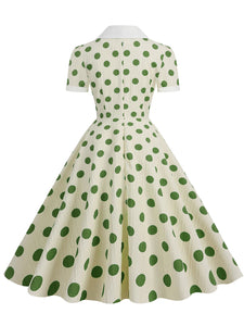 Green Polka Dots Johnny Collar Short Sleeve Swing Vintage 1950S Party Dress