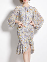 Load image into Gallery viewer, Grey Crew Neck Puff Sleeves Floral Print Bodycon Dress
