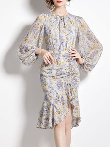 Grey Crew Neck Puff Sleeves Floral Print Bodycon Dress
