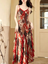 Load image into Gallery viewer, Vintage Bohemian Red Ruffle Hem Floral Plaid Spaghetti Strap Maxi Dress
