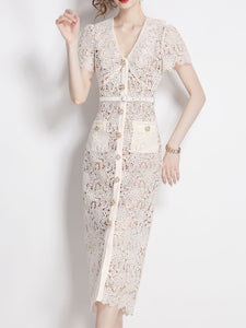 White Lace V Neck Short Sleeve Bodycon Dress
