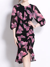 Load image into Gallery viewer, Purple Crew Neck Puff Sleeves Floral Print Slit Bodycon Dress