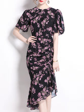 Load image into Gallery viewer, Black Crew Neck Puff Sleeves Floral Print Bodycon Dress