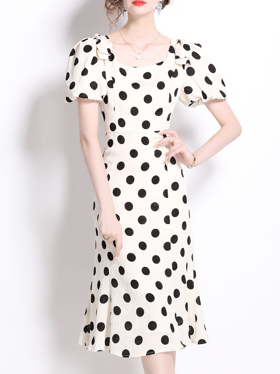 Black Polka Dots Vintage Puff Sleeves Bodycon Dress, White / L Black Polka Dots Vintage Puff Sleeves Bodycon Dress, White / L