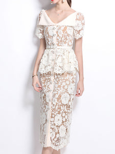 White Lace Flower V Neck Short Sleeve Wasp Waist Bodycon Dress