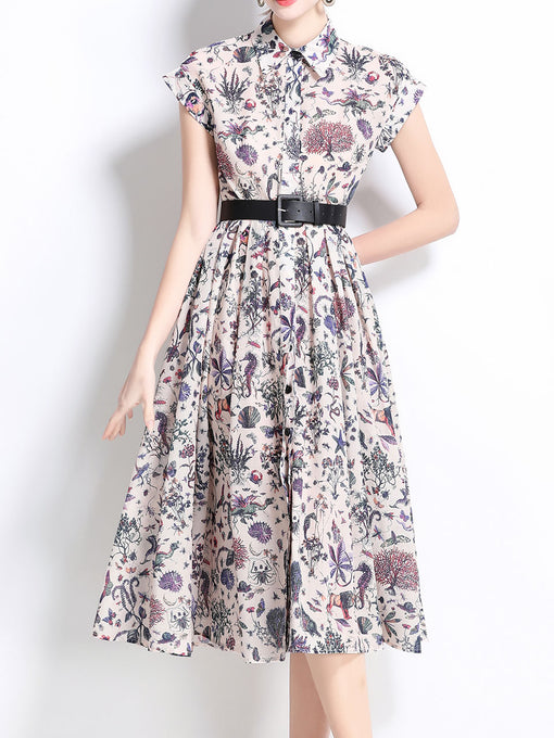 1940S Classic Shirt Collar Vintage Print Cap Sleeve Cotton Dress