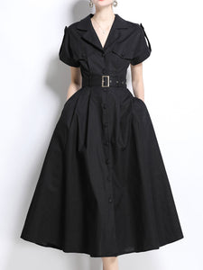 1940S Lapel Shirt Cotton Dress with Pockets