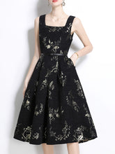 Load image into Gallery viewer, Black Luxury Flower Print Sleeveless High Waist Swing Vintage Dress With Pockets