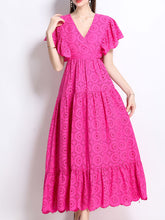 Load image into Gallery viewer, Embroidered Openwork V Neck Ruffles Maxi Dress