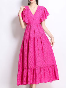 Embroidered Openwork V Neck Ruffles Maxi Dress