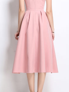 Pink Satin U Neck Sleeveless Bow 1950S Vintage Sweet Party Dress