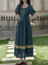 Load image into Gallery viewer, Peacock Blue Bluebell Embroidered Vintage Dress with Lace-Up Back