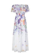 Load image into Gallery viewer, Women's Purple Off-Shoulder Chiffon Dress with Ruffle Trim and Side Slit