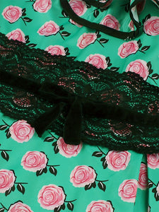 Green Rose Print Ruffles Puff Sleeves 1950s Retro Dress