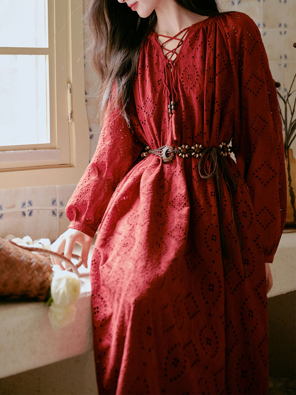 Red Embroidered Hollow Long Sleeve Tassel Holiday Bohemian Dress, Red / S Red Embroidered Hollow Long Sleeve Tassel Holiday Bohemian Dress, Red / S