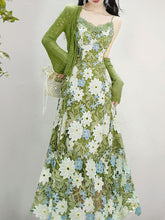 Load image into Gallery viewer, Green Floral Embroidered Lace Maxi Dress Prom Dress With Cardigan