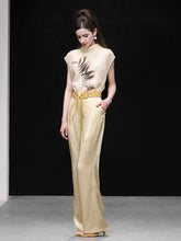 Load image into Gallery viewer, 2PS Silk Printed Sleeveless Top and Gold Metallic Pant Set