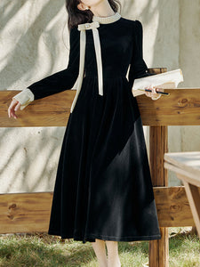 Black Pearl Collar Velvet Vintage Dress With Bow-knot