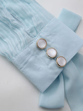 Load image into Gallery viewer, Gold Foil Butterfly Print Chiffon Blue Maxi Dress with Bow Neck