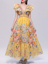 Load image into Gallery viewer, Women’s Dark Boho Floral Printed Chiffon V-Neck Ruffled Summer Beach Maxi Dress