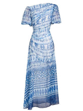 Load image into Gallery viewer, Blue One Shoulder Lantern Sleeve Printed Fishtail Vintage Dress