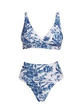 Load image into Gallery viewer, Blue and White Floral High Waisted Bikini Set with Tiered Maxi Skirt 3-Piece Swimsuit