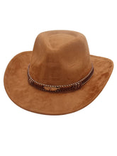 Load image into Gallery viewer, Western Cowboy Hat for Women – Faux Suede Fedora Hat with Braided Band and Gold Feather Accent, Tan Brown Outback Style Jazz Cap