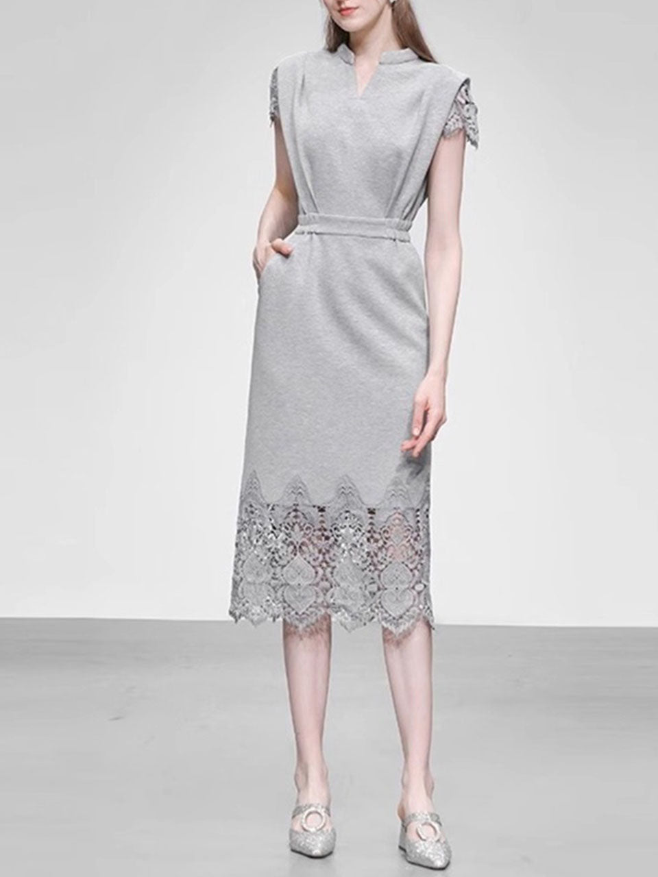 knee length dresses for ladies Grey Lace 1950s Vintage Sweatshirt Dress, Grey / L