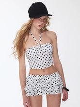 Load image into Gallery viewer, Retro White Polka Dot Halter Bandeau Tankini Set with Tiered Ruffle Skirt
