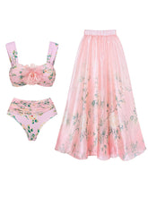 Load image into Gallery viewer, Pink Floral Print Strap Bikini With Bathing Swing Skirt Suit
