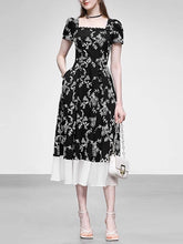 Load image into Gallery viewer, Black Square Collar Embroidered Flower 1950S Vintage Dress