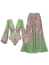 Load image into Gallery viewer, 2PS Sage Green Vintage Lantern Sleeve Flower Print Monokini and Flowy Beach Long Skirt Swimsuit Set
