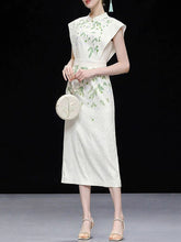 Load image into Gallery viewer, White Satin Green Leaves Flying Sleeves Print Vintage Dress