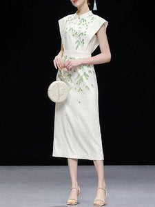 White Satin Green Leaves Flying Sleeves Print Vintage Dress