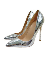 Load image into Gallery viewer, 8CM High Heel Pointed Toe Metallic Silver Leather Shoes