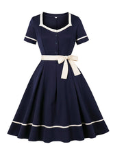 Load image into Gallery viewer, 1950S Navy Short Sleeve Vintage Swing Dress